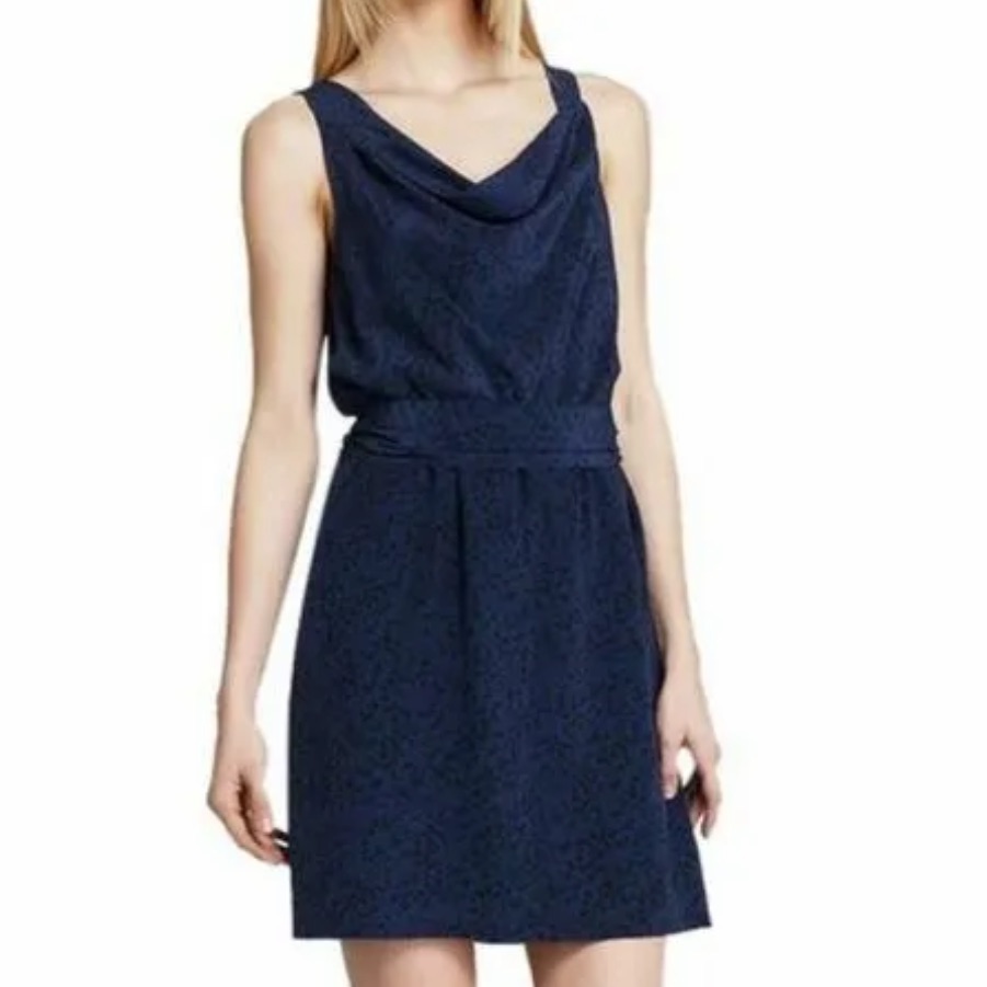 Theory Jaysa Silk Dress 6 Blue Black Career Pleat Detail Cowl Neck